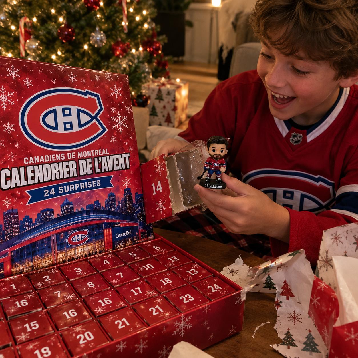Hockey fan discovering a mini player surprise from the Christmas countdown calendar